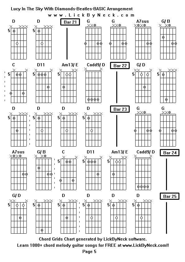 Chord Grids Chart of chord melody fingerstyle guitar song-Lucy In The Sky With Diamonds-Beatles-BASIC Arrangement,generated by LickByNeck software.